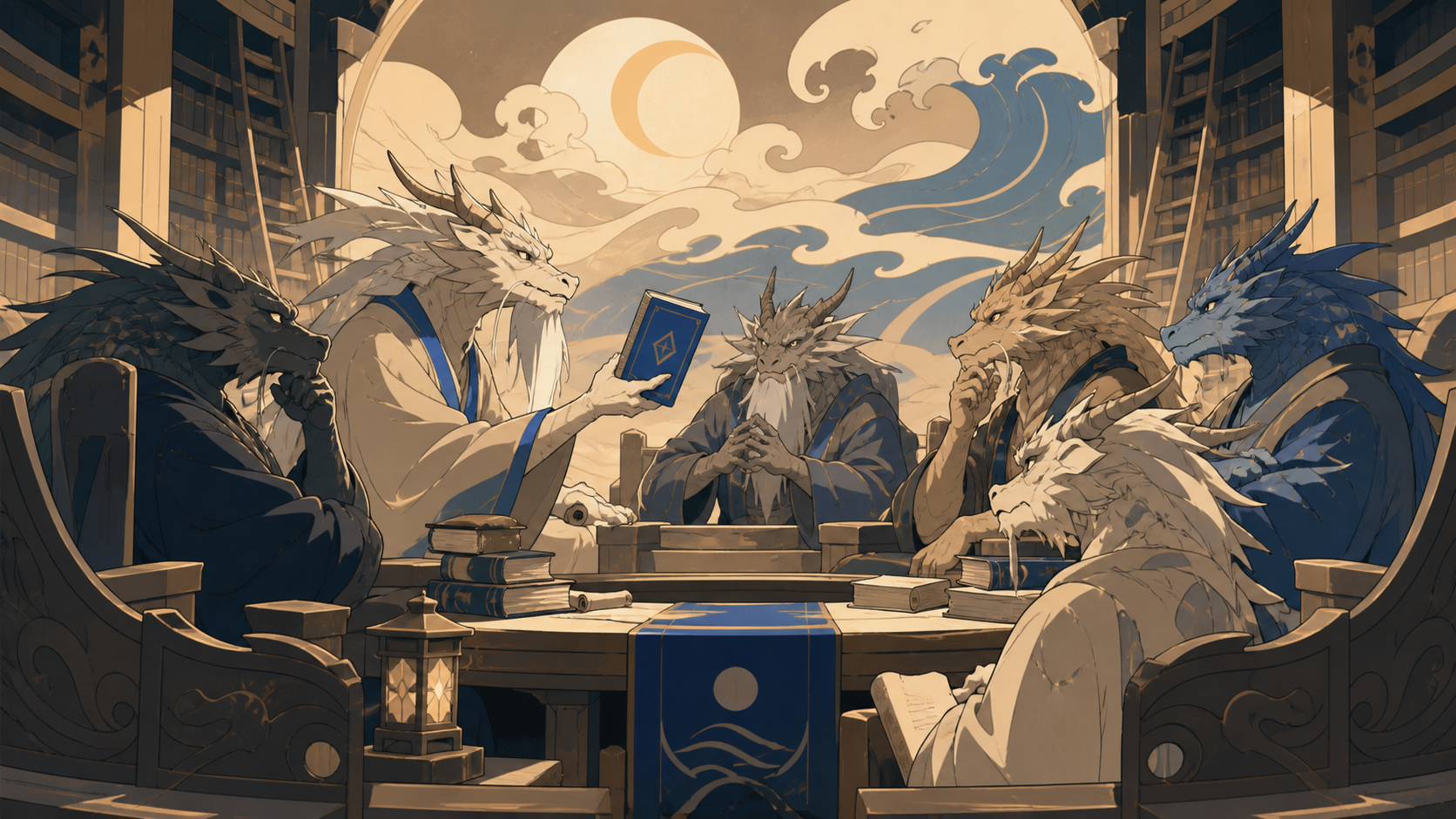 A council of elderly dragon librarians debating an overdue book, shown with sophisticated worldbuilding rather than mascot posing. Busy civic tableau with one central interaction guiding the eye. Soft monochrome with a s
