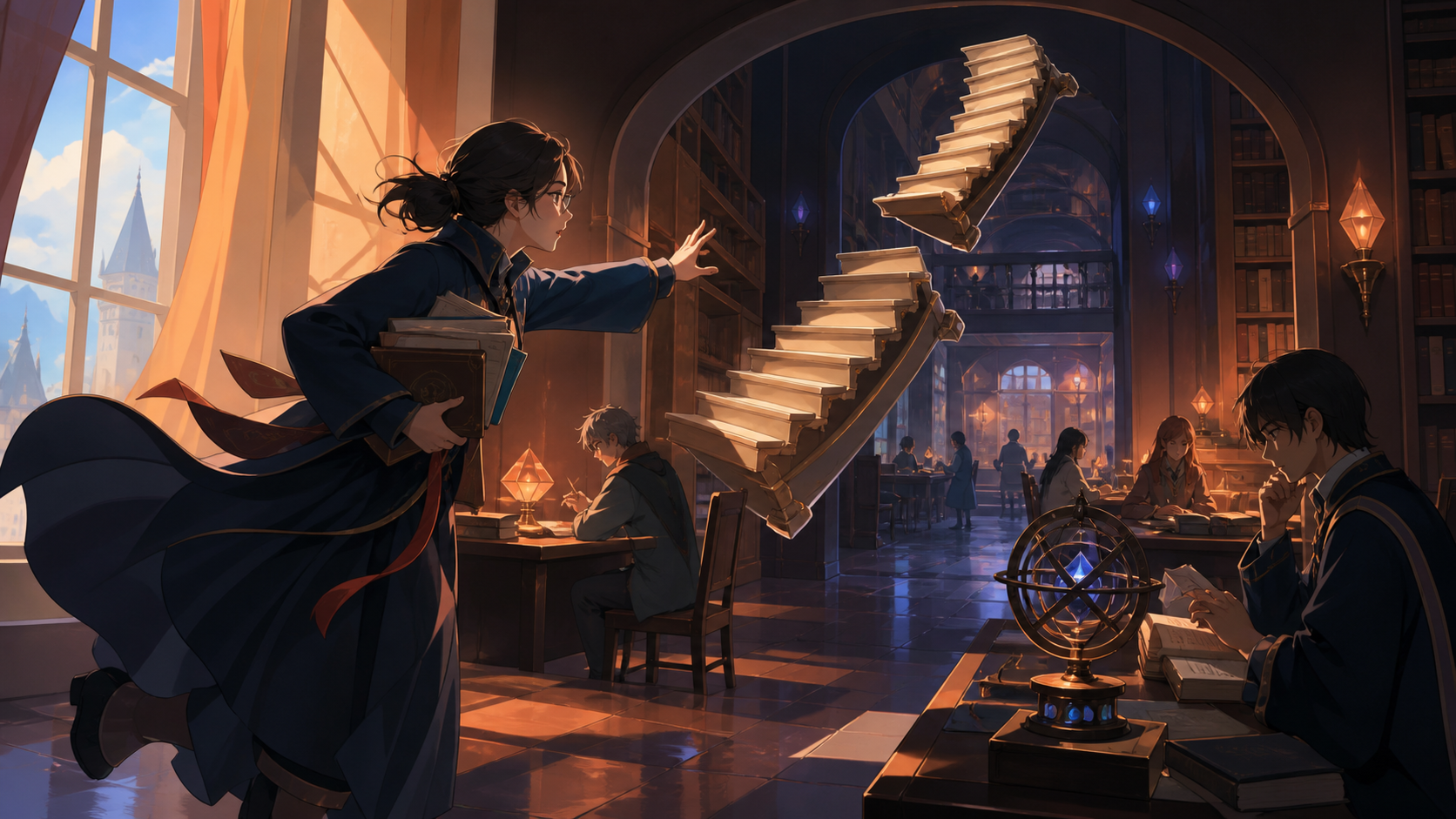 A university librarian chasing a misplaced staircase through the archives, late in the semester when the campus feels both busy and familiar. Library perspective following a visual trail through several study zones. Ambe