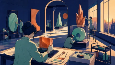 A curator preparing an exhibition of colors that no longer exist outdoors, after closing when practical maintenance continues around the impossible exhibits. Over-the-shoulder cons