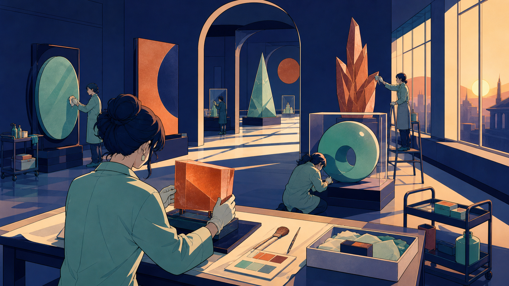 A curator preparing an exhibition of colors that no longer exist outdoors, after closing when practical maintenance continues around the impossible exhibits. Over-the-shoulder conservation view revealing several gallery 