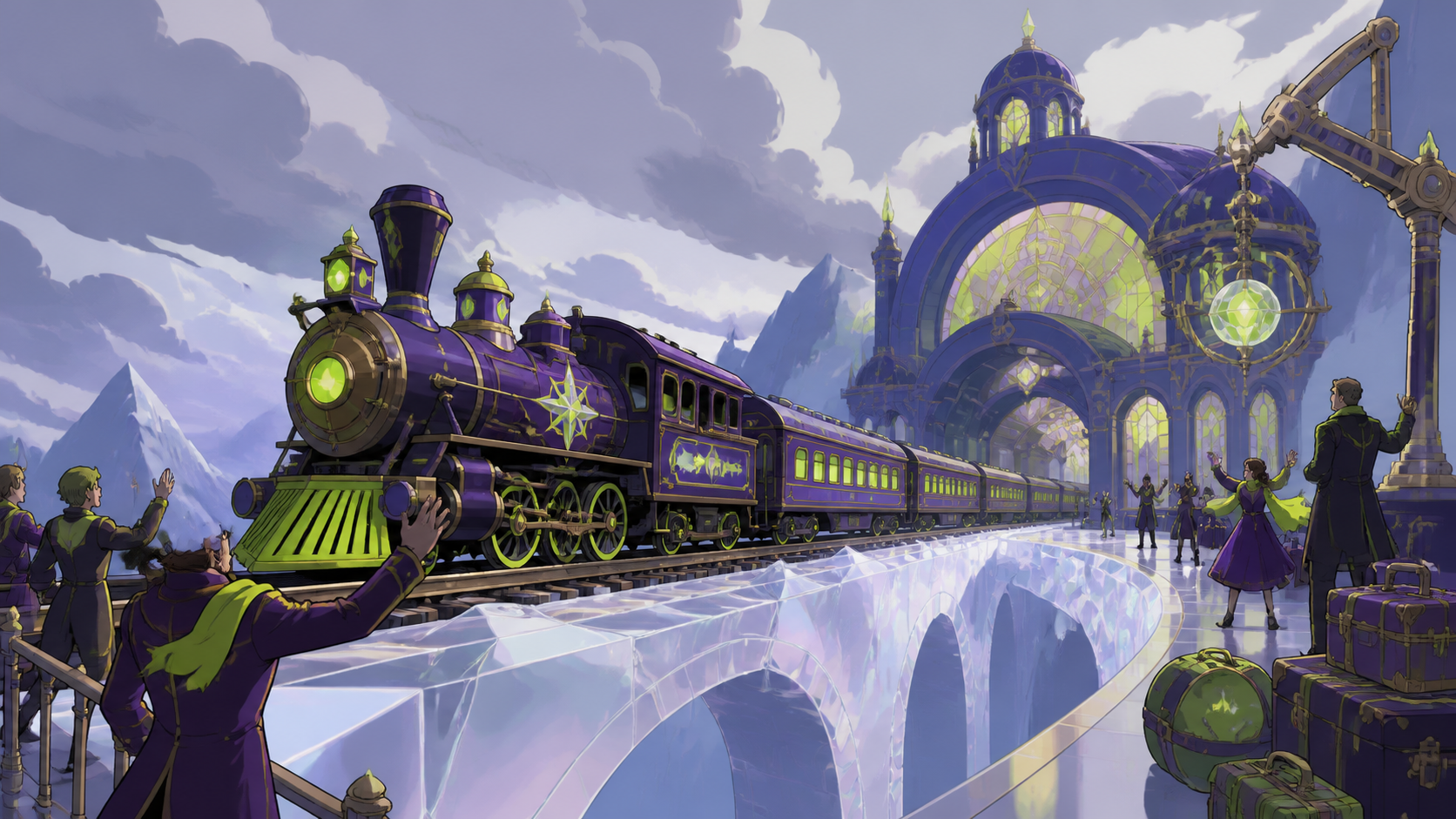 An ornate night train crossing a bridge made from frozen moonlight, arriving at an extraordinary terminal during difficult weather. Grand three-quarter vehicle view embedded naturally in its route. Acid lime, ultraviolet
