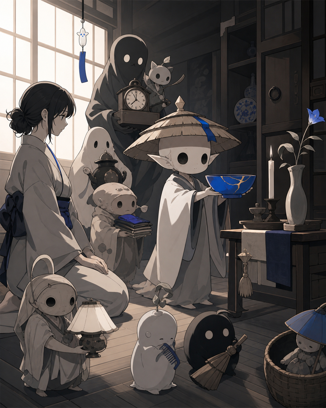 A procession of forgotten household spirits returning borrowed objects, performing a small ritual whose meaning is revealed through objects. Balanced ensemble composition with one strong focal action. Soft monochrome wit