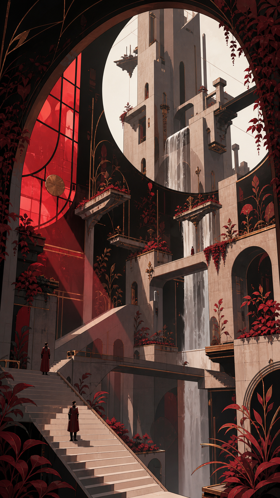 A brutalist monastery softened by waterfalls and floating gardens, with a few tiny figures quietly exploring its impossible geometry. Dramatic vertical composition emphasizing scale and impossible geometry. Crimson, blac