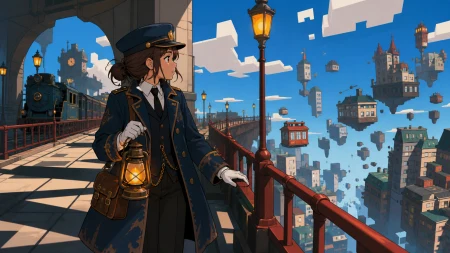 An adult woman night-train conductor with a weathered navy coat, crossing a lantern-lit bridge as the city below loses gravity. Cinematic medium-wide frame with the environment car