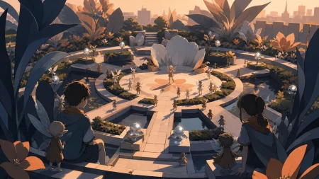 A children's sensory garden designed for friendly tiny spirits, during a celebration that uses the landscape itself as the stage. Elevated composition revealing geometric planting 