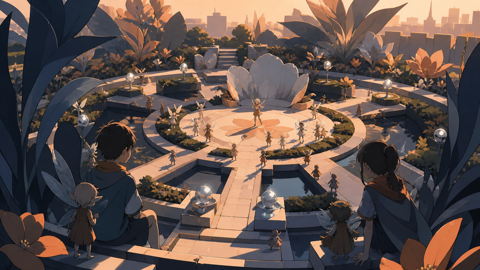 A children's sensory garden designed for friendly tiny spirits, during a celebration that uses the landscape itself as the stage. Elevated composition revealing geometric planting and water structure. Sun-bleached peach,