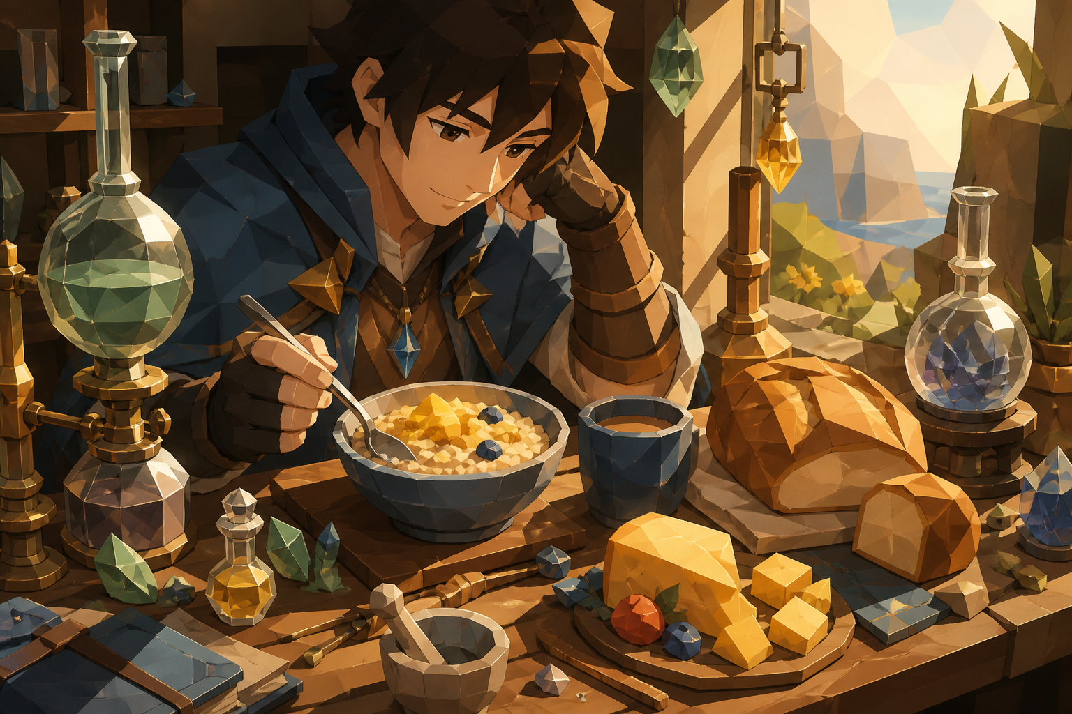 A traveling alchemist's breakfast arranged among curious glass instruments, surrounded by tiny evidence of the craft used to make it. Intimate close-up with shallow depth and layered foreground details. Clay red, sage, f