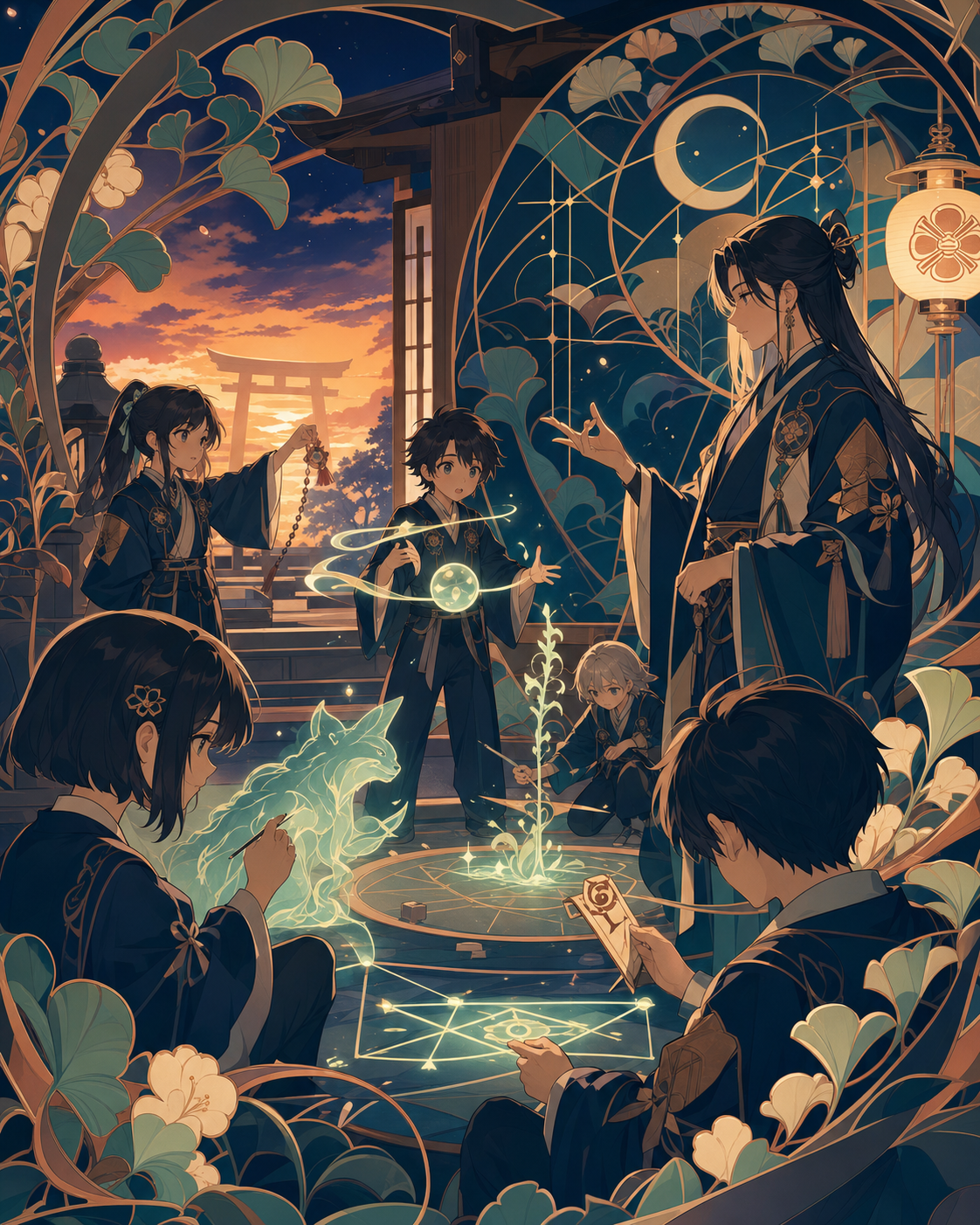 Young shrine guardians taking a practical exam at dusk, on an ordinary school day shaped by one magical rule. Intimate teacher-student frame with the magical problem visible. Moonlit indigo, oxidized copper, pale jade, a