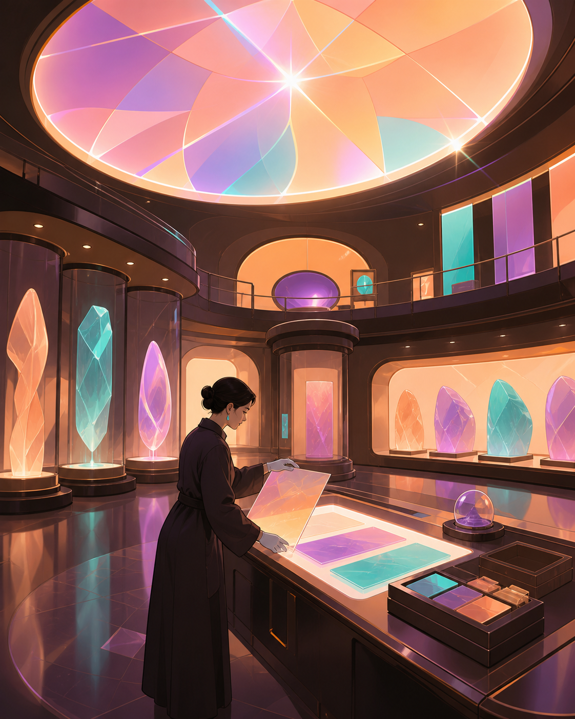 A curator preparing an exhibition of colors that no longer exist outdoors, seen as a place of wonder and scholarship rather than danger. Grand gallery view with one human-scale task anchoring the scene. Apricot, orchid p