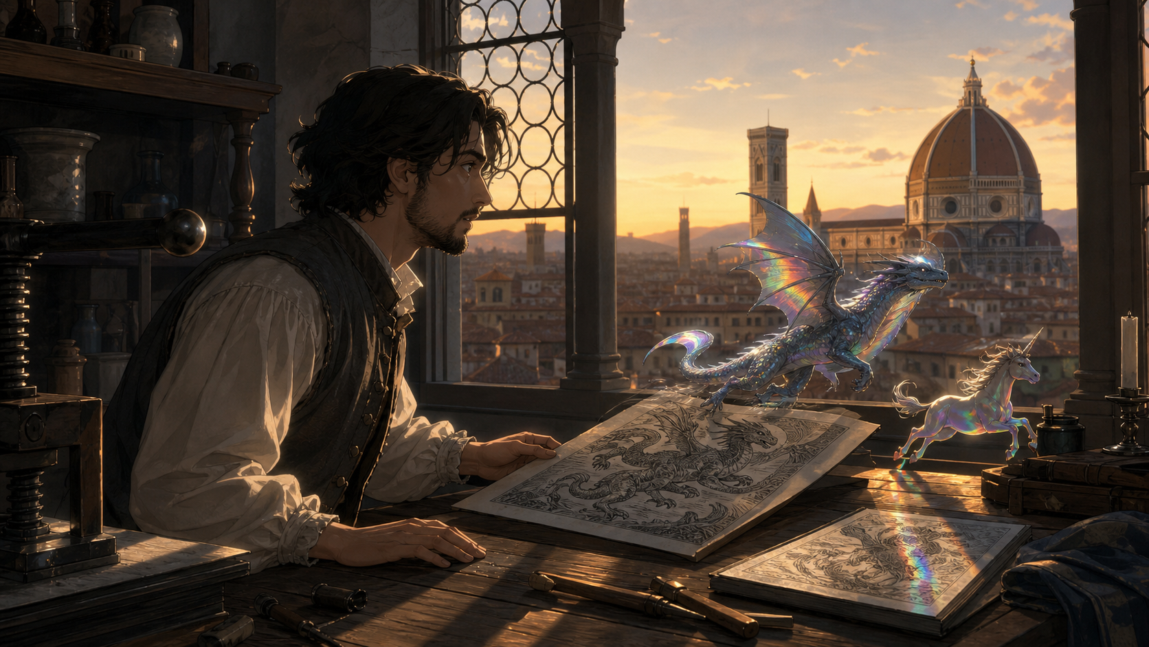 A Renaissance-era printmaker whose illustrated creatures leave the page at night, grounded in convincing period materials with one restrained supernatural event. Wide narrative composition with period architecture guidin