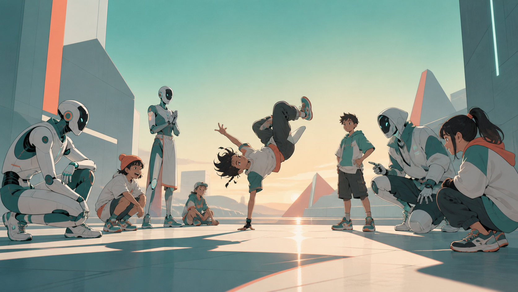 Android performers learning improvisation from neighborhood children, on a clean open floor where complete body movement remains readable. Ensemble reaction frame with one dancer suspended at the focal instant. Sea-glass