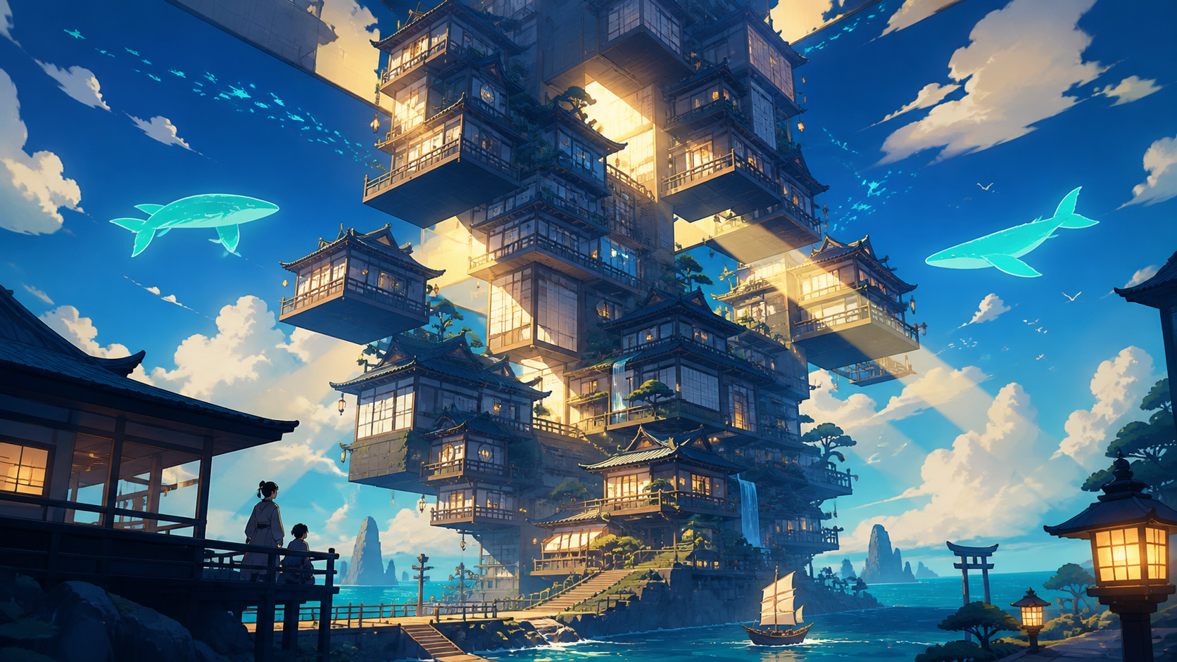 A seaside apartment tower assembled from stacked traditional tea houses, as sunlight passes through it in physically impossible directions. Dramatic vertical composition emphasizing scale and impossible geometry. Ultrama