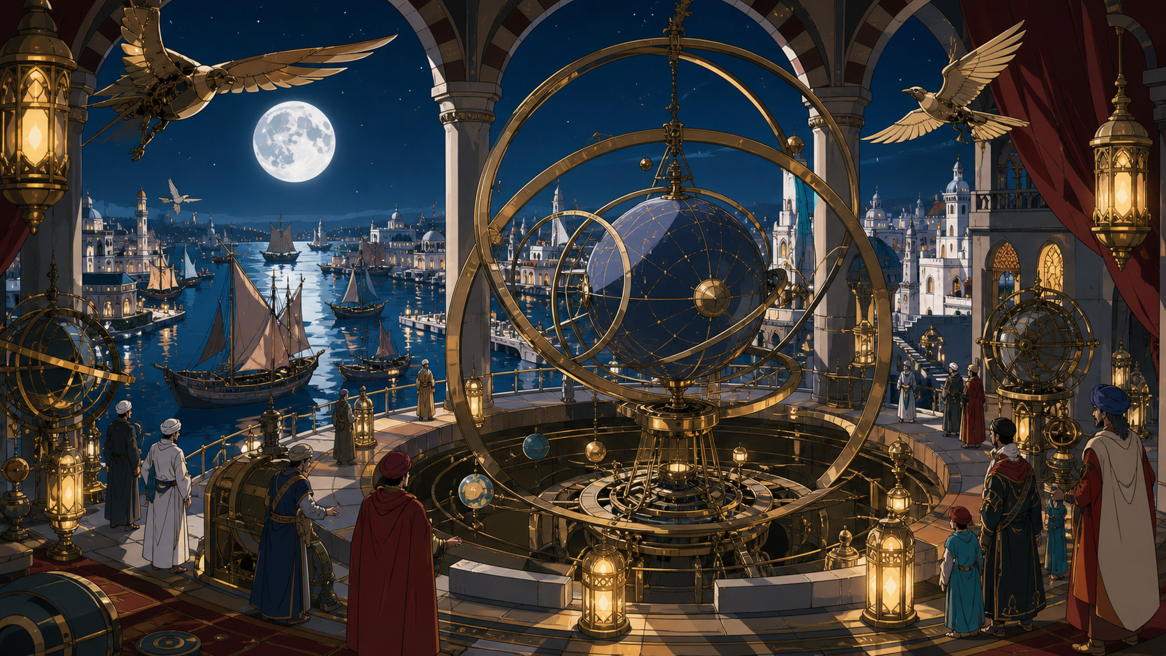 A dhow fleet returning to a moonlit harbor with impossible cargo, when an old city reveals a hidden system beneath familiar streets. Observatory-wide view centered on one monumental astronomical device. Pine black, snow 