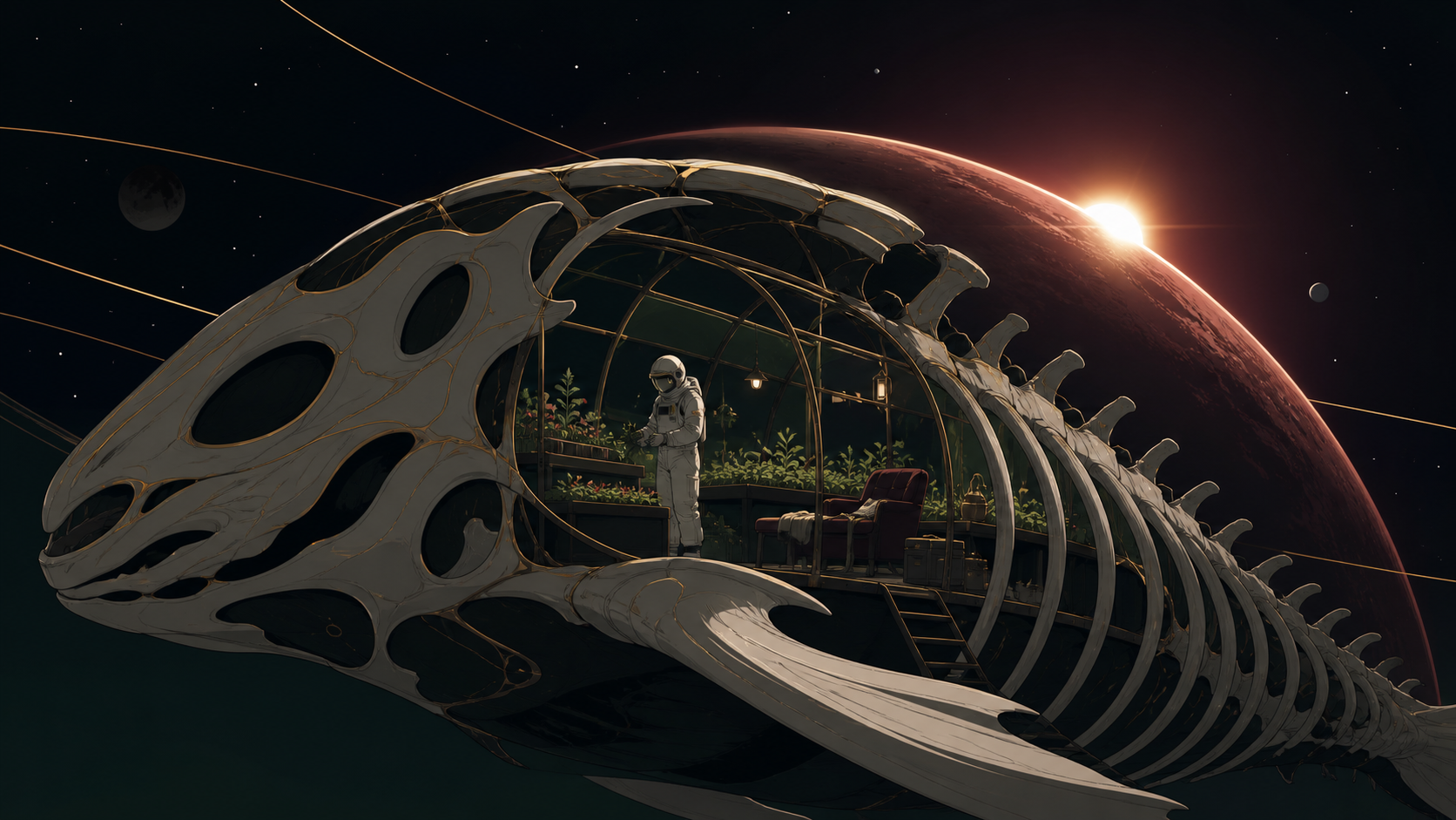 An astronaut tending a greenhouse inside the skeleton of a moon-sized creature, seen during an impossible sunrise with intimate signs of daily life. Expansive widescreen composition with strong negative space. Burgundy, 