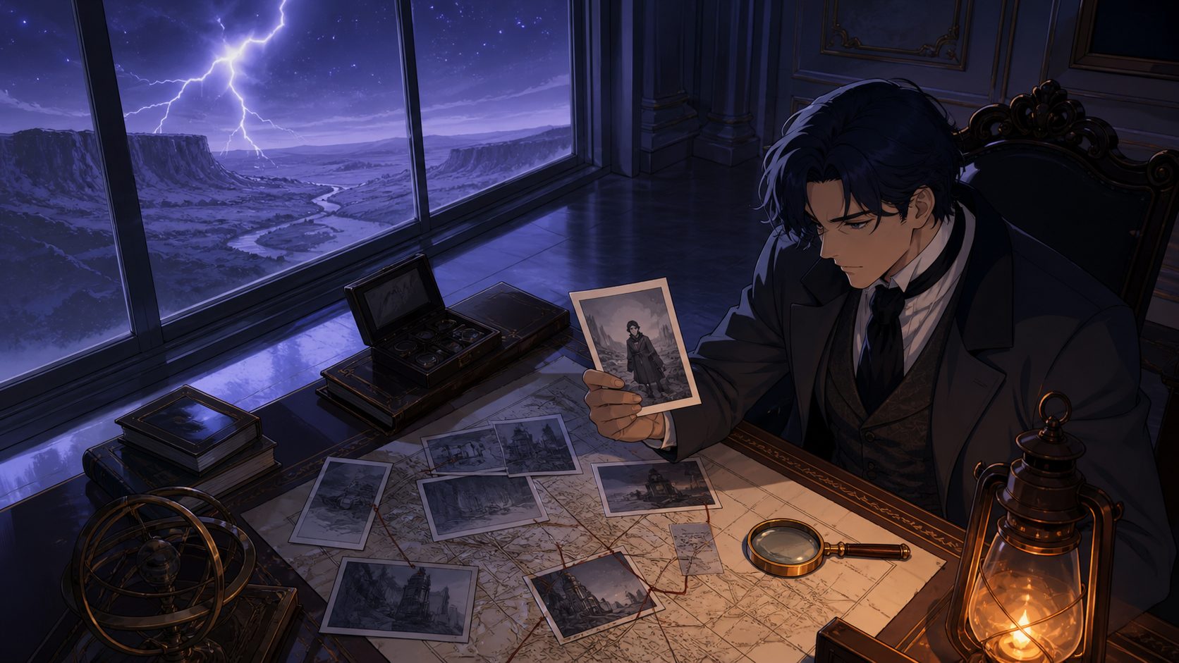 A private archivist examining a photograph that changes whenever lightning flashes, inside a precise but surreal investigation scene with no violence shown. Graphic high-angle investigation tableau with clues forming a v