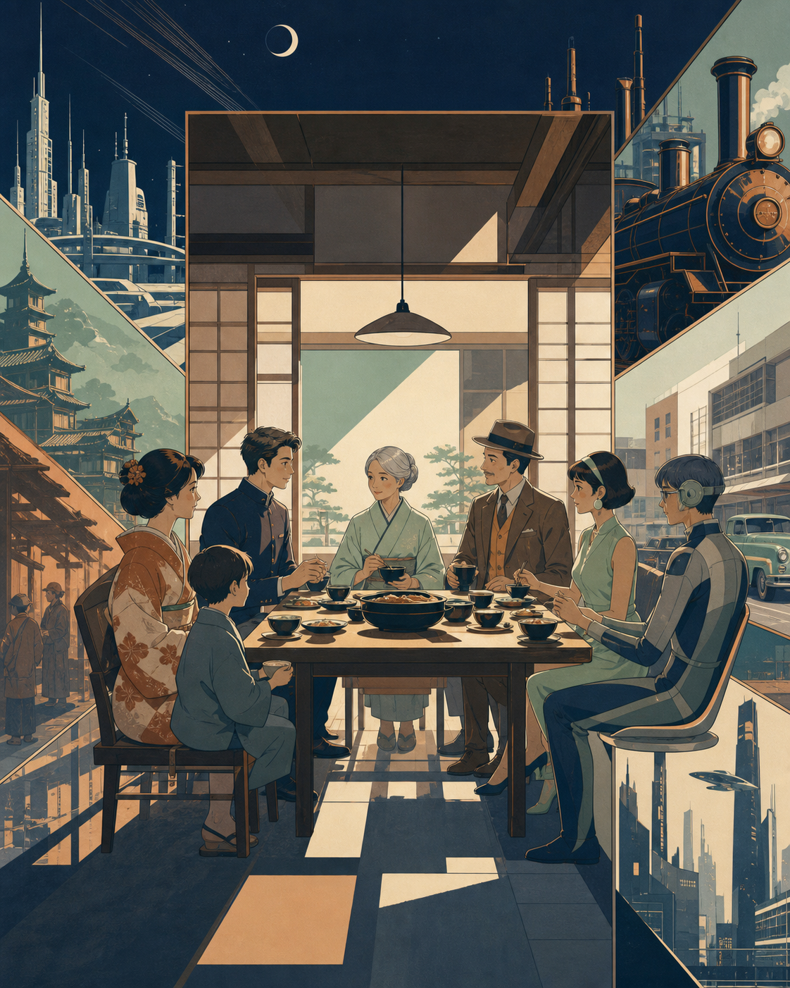 A family dinner where every person arrives from a different year, with the time difference communicated through clothing and environment. Centered architectural frame with time changing toward the edges. Moonlit indigo, 