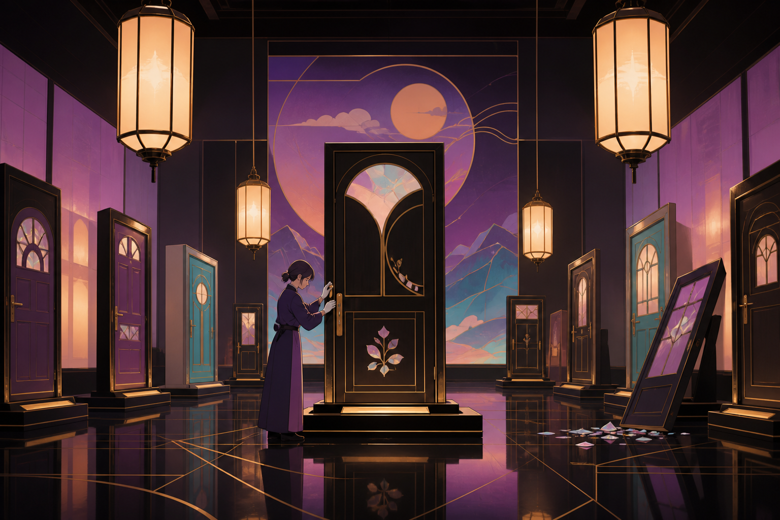 An archive displaying doors rescued from homes that vanished from history, at the instant one carefully arranged display breaks its established rule. Grand gallery view with one human-scale task anchoring the scene. Apri