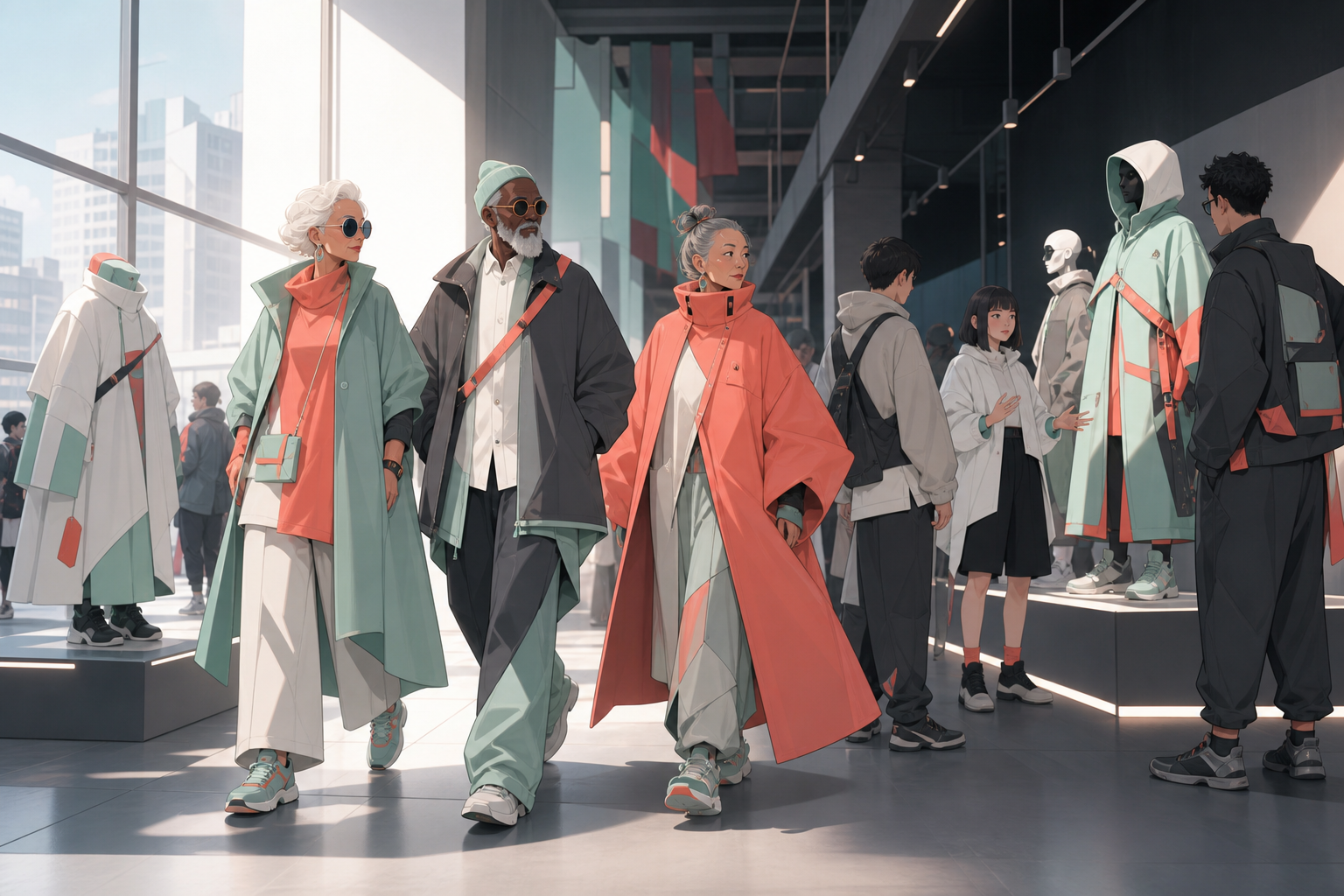 Older fashion icons walking through a young underground design fair, in a public urban location that explains how the clothing functions. Full-body fashion narrative with environment supporting the outfit. Sea-glass gree