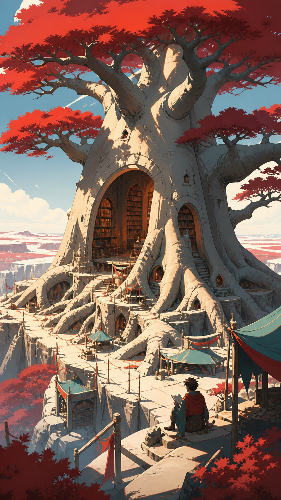 A massive baobab serving as a library for migrating storytellers, during a seasonal change represented through broad color masses. Wide landscape frame with the tree organizing every path and settlement. Vermillion, char
