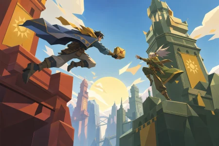 Two adult spell couriers leaping between moving towers to deliver a sealed remedy, captured at one clear tactical turning point. Dynamic low-angle view preserving clear silhouettes