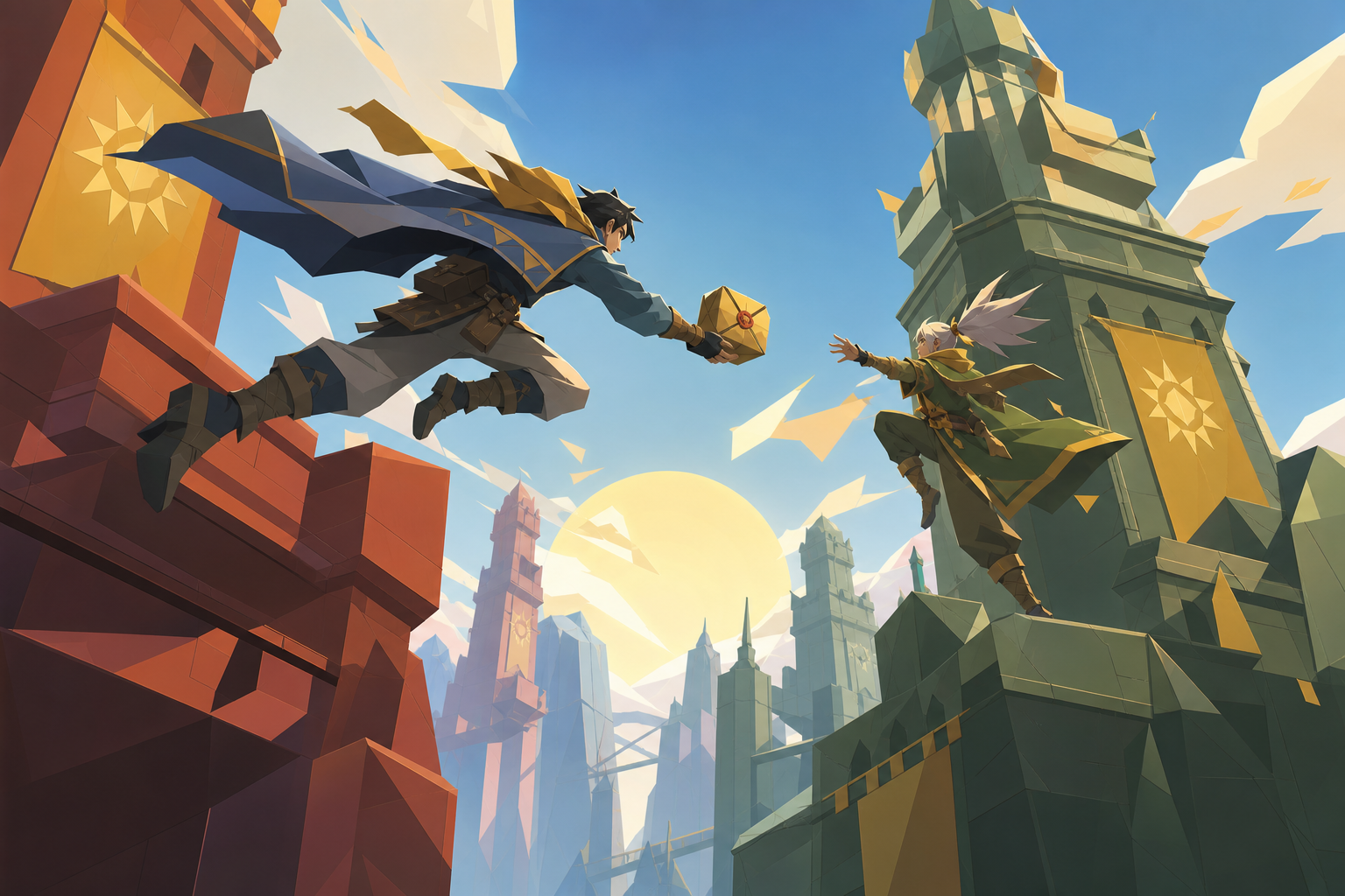 Two adult spell couriers leaping between moving towers to deliver a sealed remedy, captured at one clear tactical turning point. Dynamic low-angle view preserving clear silhouettes. Clay red, sage, faded denim, and sunfl