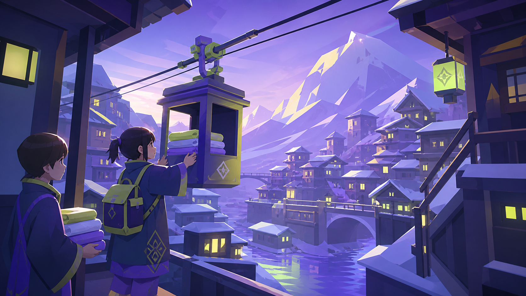 Local children delivering folded towels by tiny cable car, after fresh snowfall simplifies the surrounding mountains. Intimate walkway frame with architecture enclosing the characters. Acid lime, ultraviolet, matte navy,