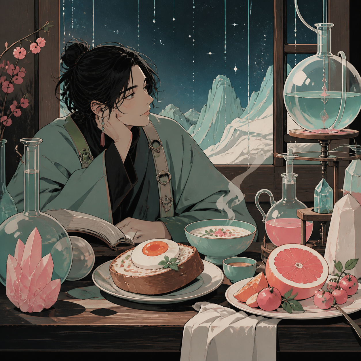 A traveling alchemist's breakfast arranged among curious glass instruments, arranged on a worn wooden counter beside a rain-streaked window. Intimate close-up with shallow depth and layered foreground details. Celadon, c
