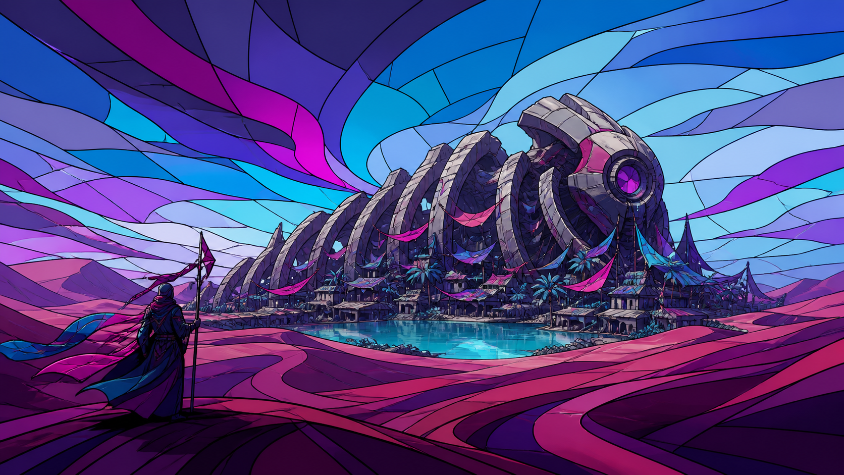 An oasis settlement built around the skeleton of an ancient machine, during a difficult crossing made beautiful by unfamiliar weather. Low desert viewpoint using foreground wind patterns to lead toward the destination. S