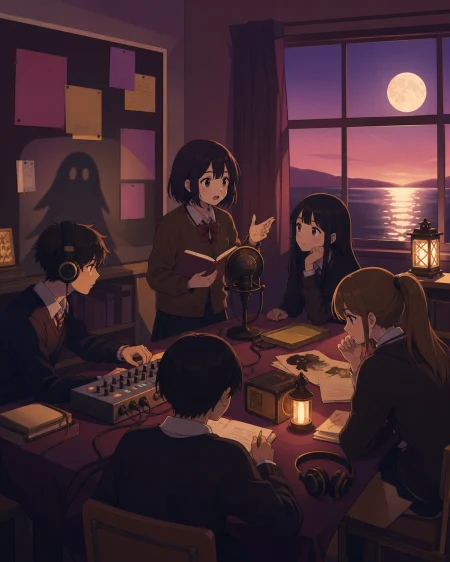 The school radio club recording local ghost stories before sunset, during the final practice before a small public presentation. Room-wide ensemble composition organized around the