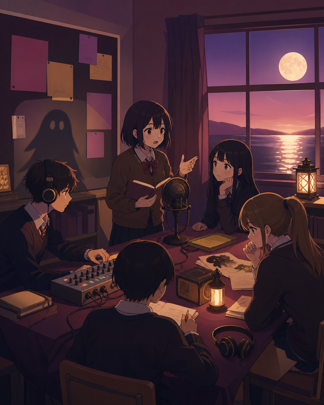 The school radio club recording local ghost stories before sunset, during the final practice before a small public presentation. Room-wide ensemble composition organized around the club activity. Muted rose, parchment, m
