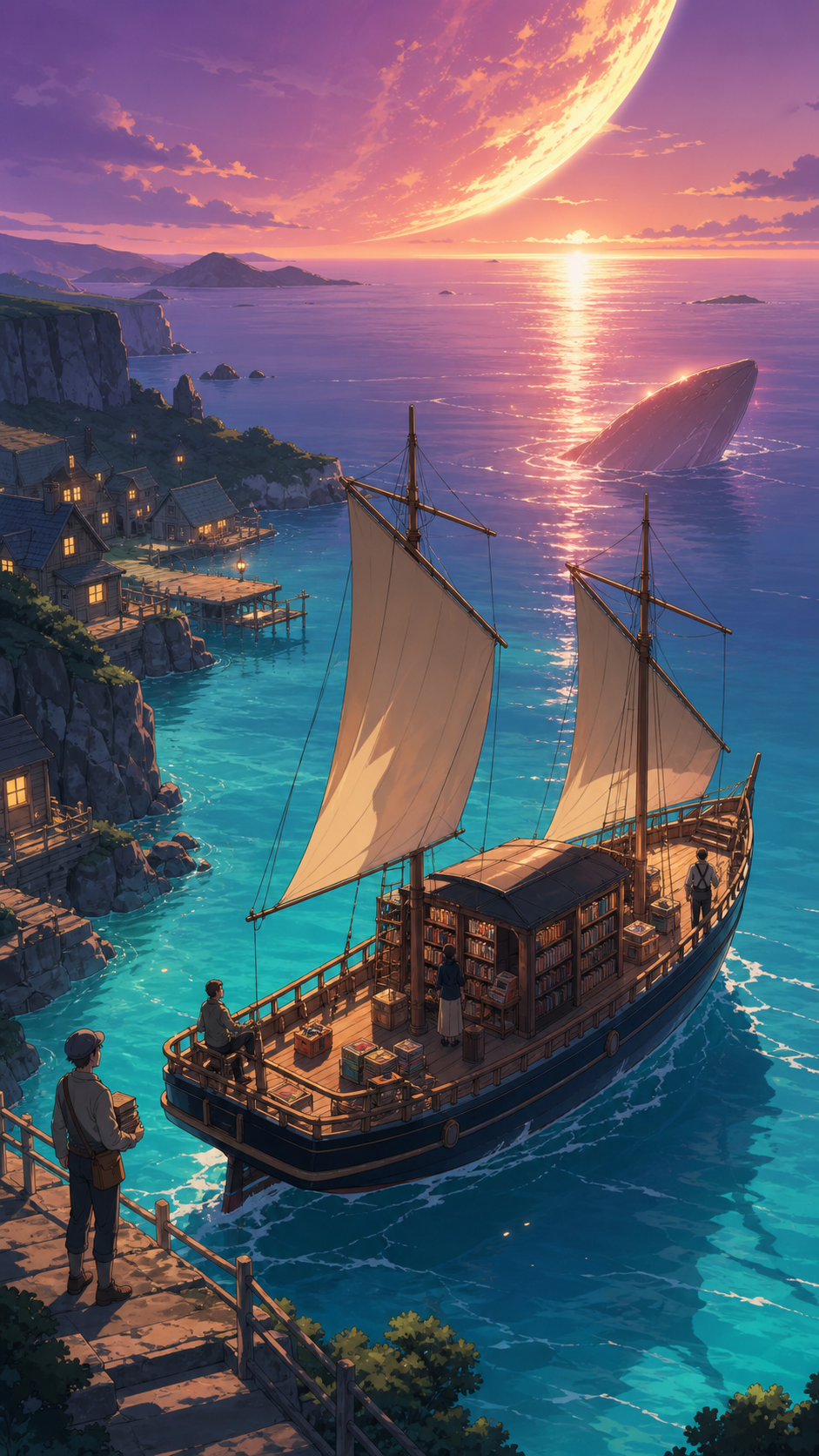 A library ferry delivering books among remote coastal settlements, while calm seas make one unusual event impossible to miss. High coastal viewpoint following the ship's route through the scene. Apricot, orchid purple, p