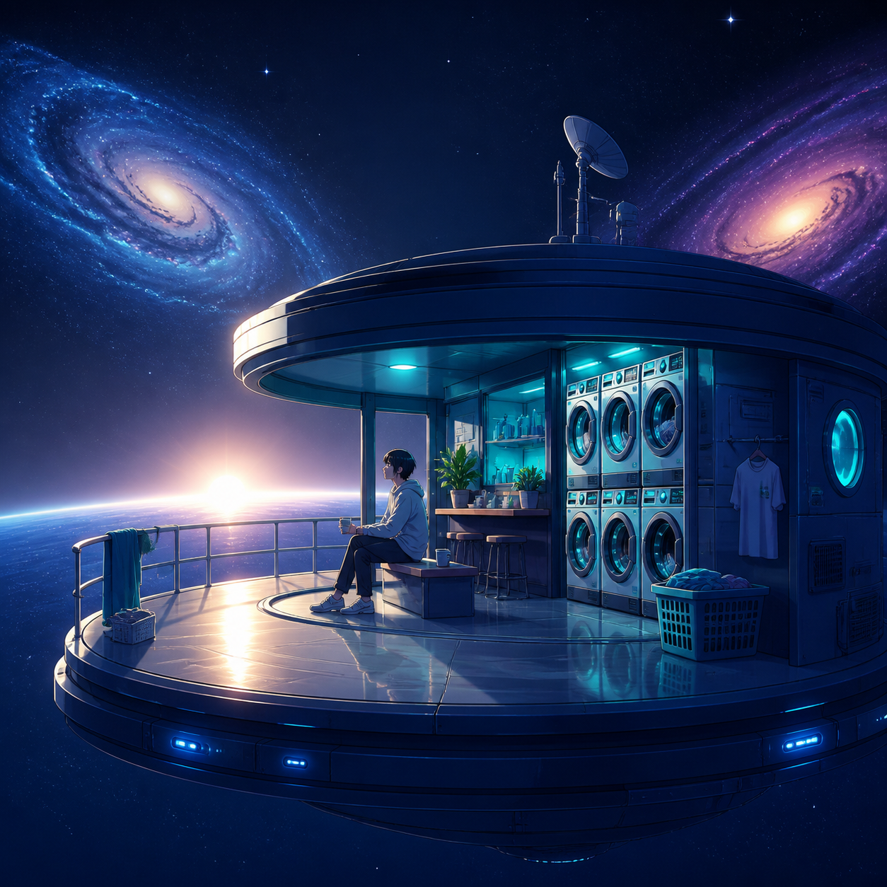 A quiet laundromat orbiting alone between two galaxies, seen during an impossible sunrise with intimate signs of daily life. Graphic celestial composition organized around a bold circular form. Ultramarine, bioluminescen