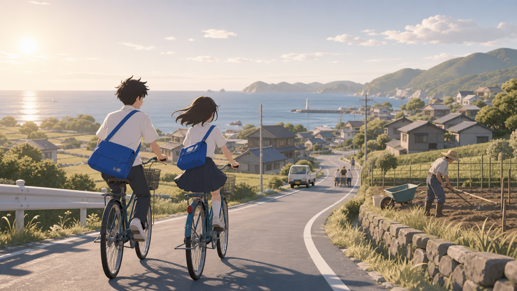 School friends cycling toward a coastal village before sunset, during a breezy afternoon filled with ordinary countryside activity. Wide pastoral view with a winding road connecting foreground and village. Soft monochrom