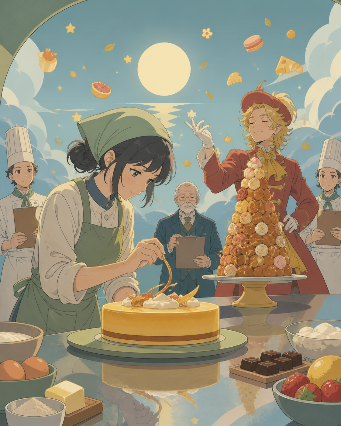 A quiet baker facing a flamboyant pastry champion at sunrise, during a supervised contest centered on craft rather than aggression. Counter-height action view centered on one precise cooking motion. Clay red, sage, faded