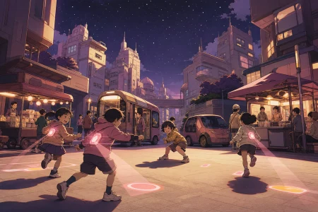 Children playing projection-tag in a safe pedestrian courtyard, as an unexpected power outage reveals the real night sky. Wide intersection view balancing crowds, transit, and vert