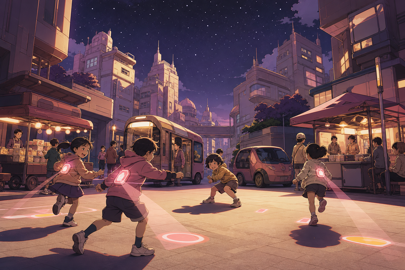 Children playing projection-tag in a safe pedestrian courtyard, as an unexpected power outage reveals the real night sky. Wide intersection view balancing crowds, transit, and vertical architecture. Muted rose, parchment