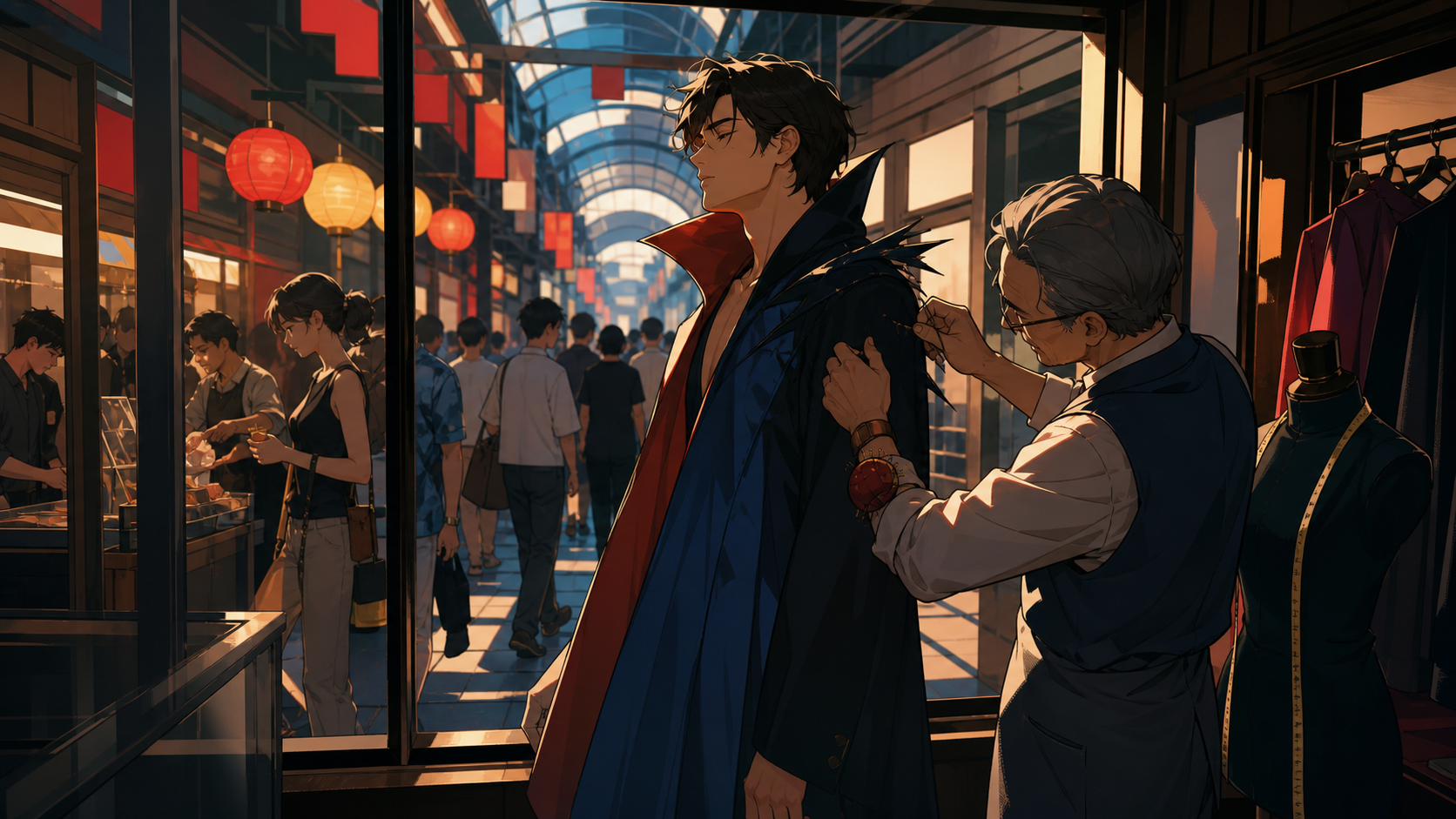 A tailor fitting an impossible coat in a crowded underground arcade, during a humid summer evening alive with ordinary neighborhood activity. Cinematic wide shot composed through windows, signs without readable text, and