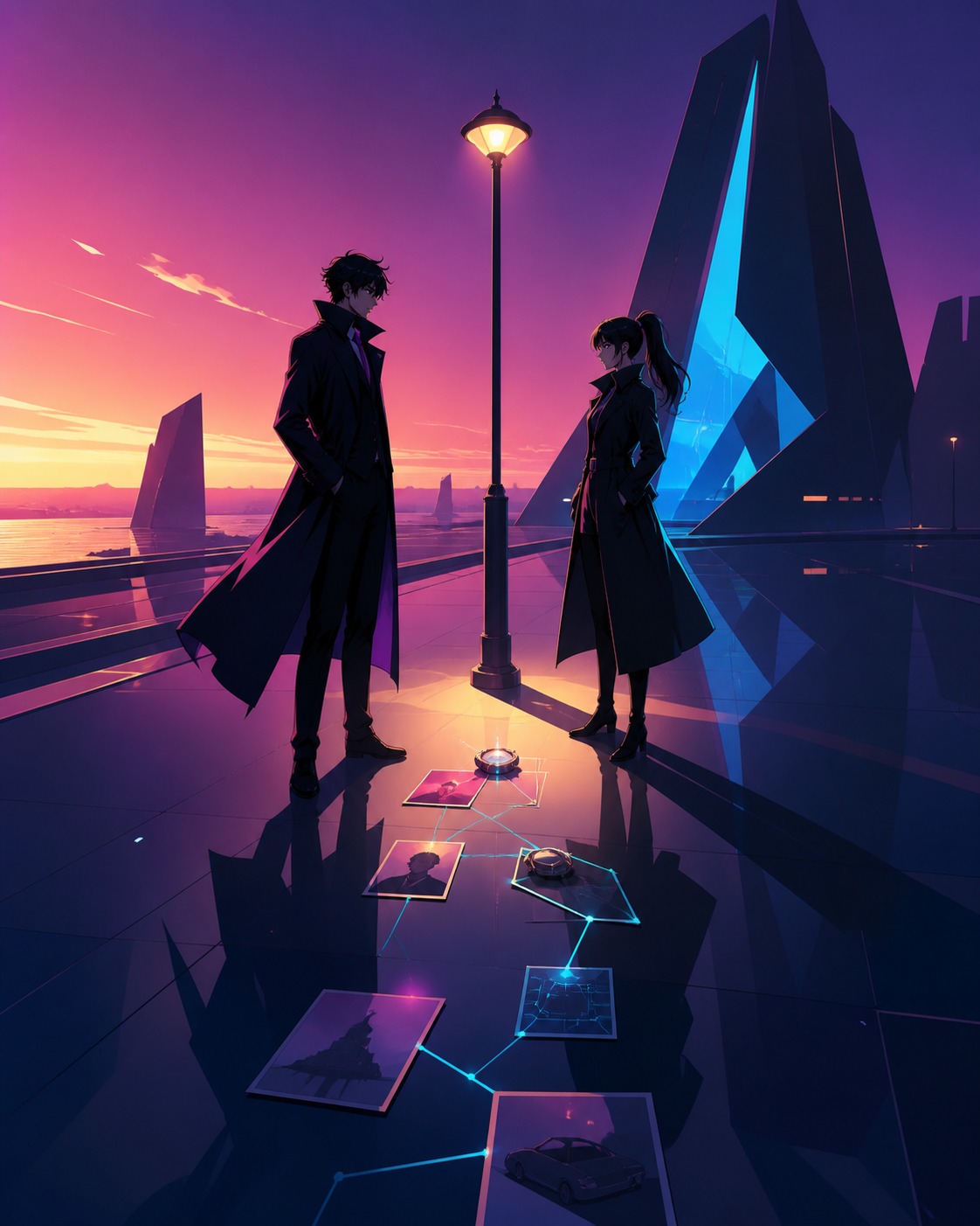 Two rival investigators meeting beneath the last working streetlamp, at the turning point where one overlooked object solves half the mystery. Graphic high-angle investigation tableau with clues forming a visual path. Sa