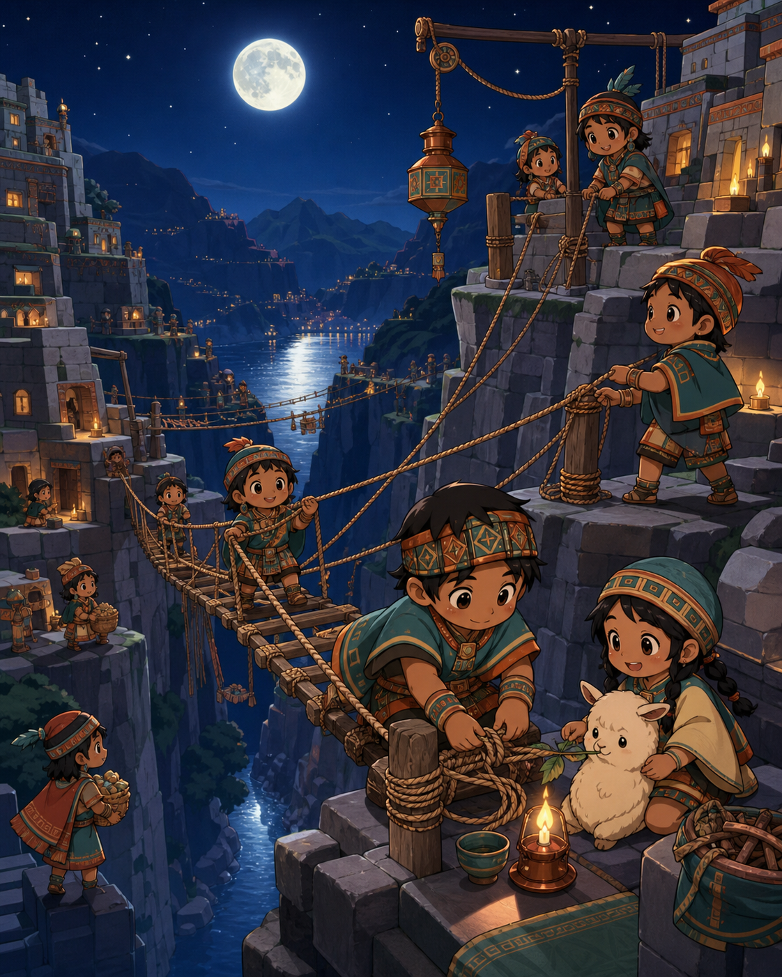 Engineers repairing a rope bridge between two cliff cities, during a communal engineering effort across several mountain levels. Terraced panorama with activity unfolding at several readable heights. Moonlit indigo, oxid