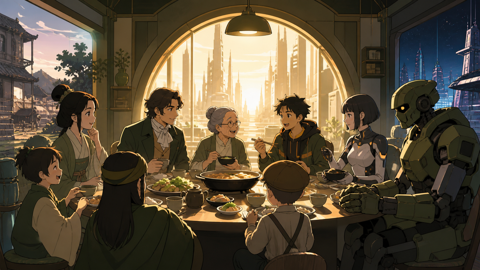 A family dinner where every person arrives from a different year, during a gentle encounter driven by curiosity rather than catastrophe. Centered architectural frame with time changing toward the edges. Moss green, slate