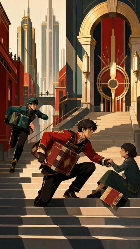 Two couriers competing to deliver the same mysterious package first, at the moment the pursued character unexpectedly stops to help someone. Wide lateral chase frame with pursuer a