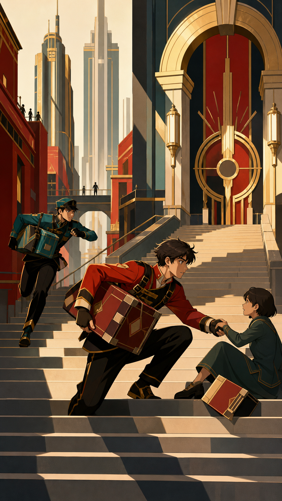 Two couriers competing to deliver the same mysterious package first, at the moment the pursued character unexpectedly stops to help someone. Wide lateral chase frame with pursuer and destination both visible. Vermillion,