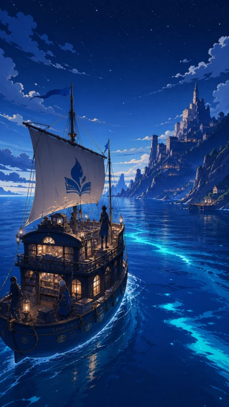 A library ferry delivering books among remote coastal settlements, at the approach to a destination none of the crew has seen before. Wide maritime view placing vessel and destinat
