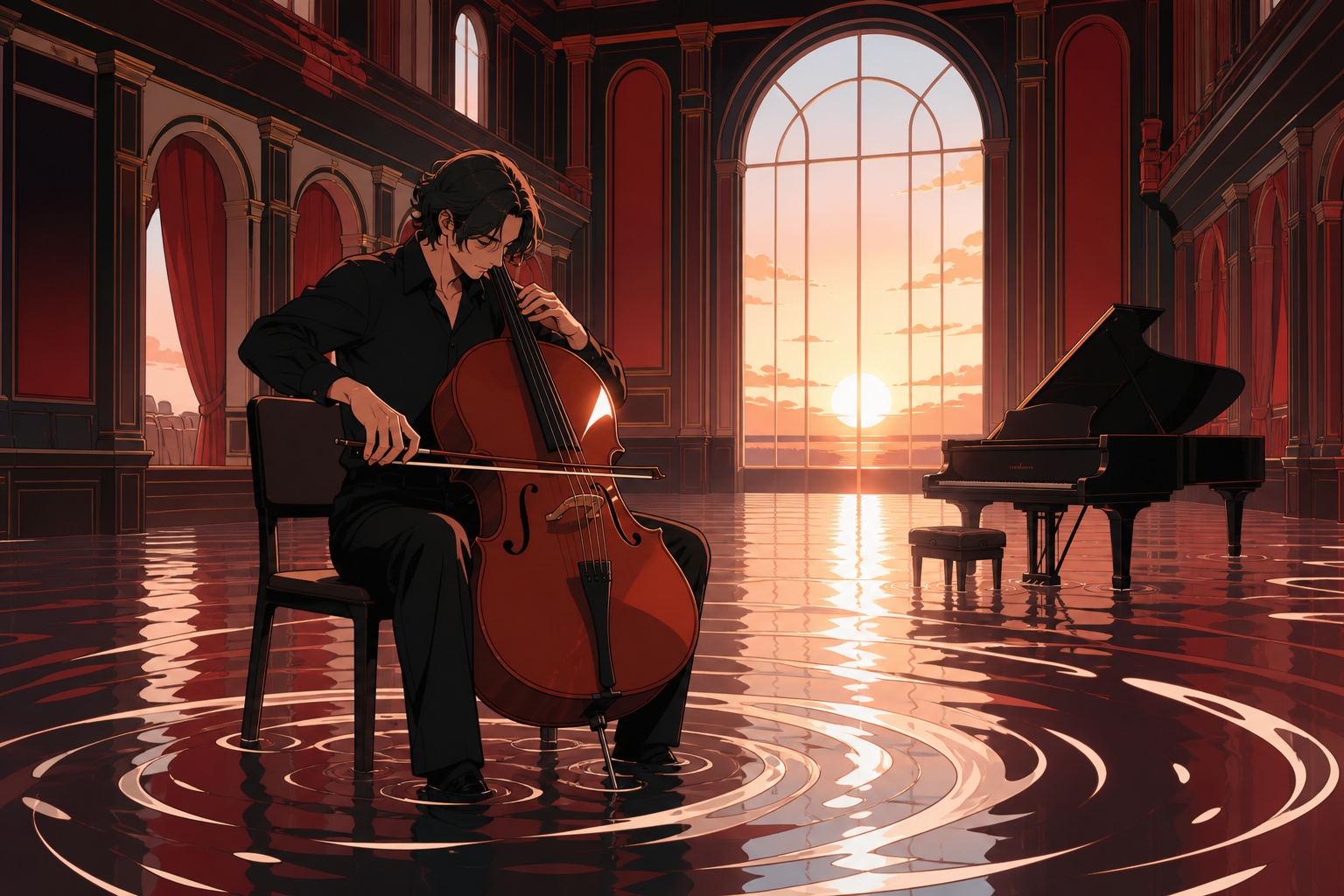 An adult cellist performing alone in a flooded concert hall, during a rehearsal that unexpectedly becomes magical. Dynamic stage-wide frame with movement radiating from the lead performer. Crimson, black cherry, muted br
