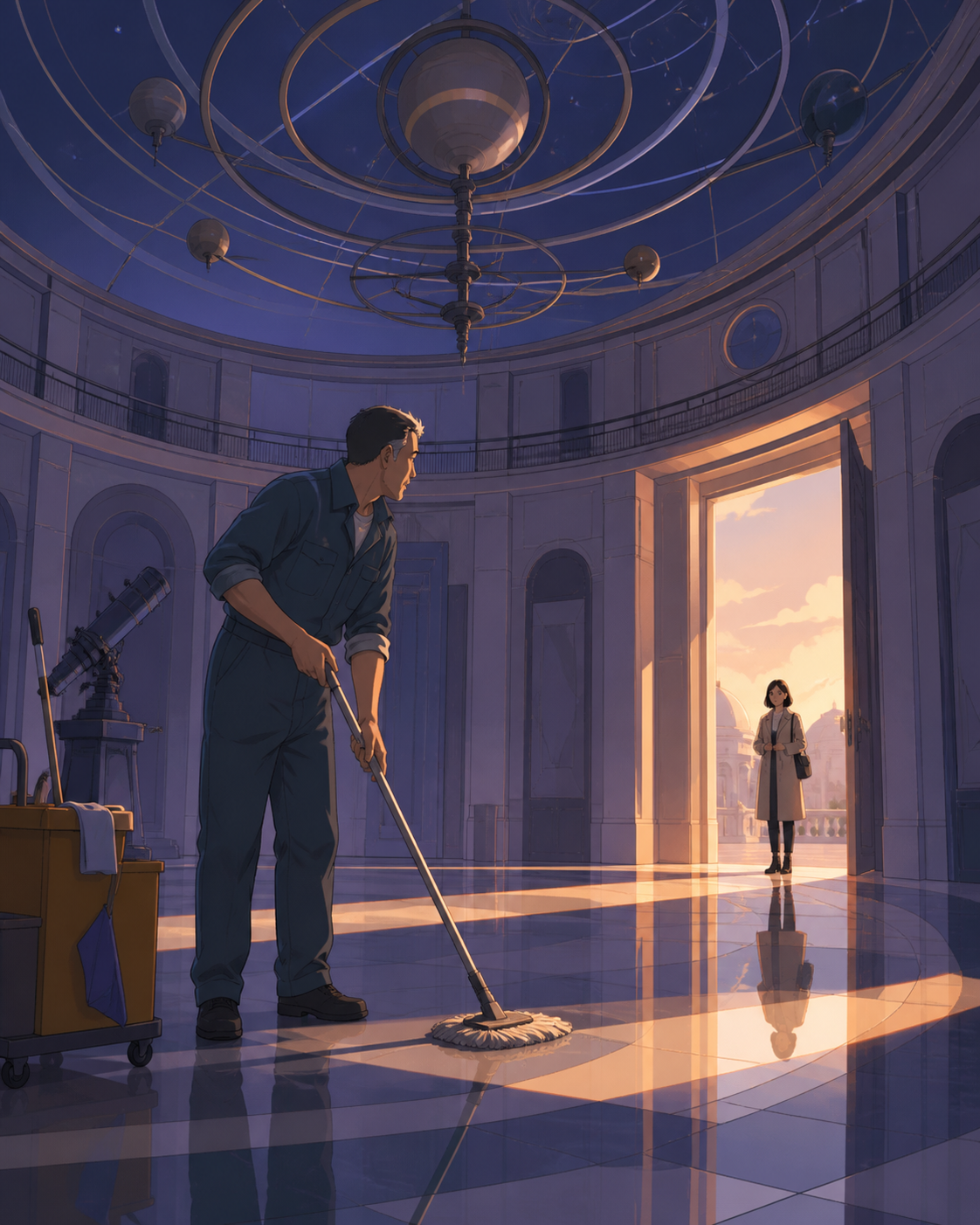 An adult observatory custodian polishing the floor beneath a moving indoor sky, as a brief visitor interrupts a familiar routine. Intimate counter-side composition surrounded by empty architecture. Pale lavender, icy blu