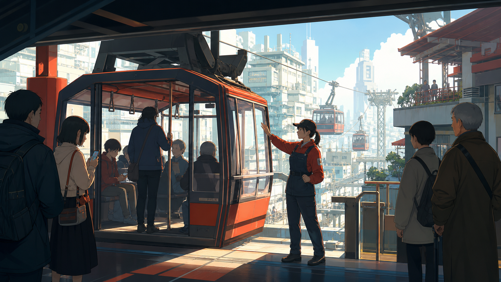 A cable-car operator guiding passengers between rooftop districts, during an ordinary commute with one unexpected view. Wide station frame showing vehicle, platform, and multiple passenger stories. Vermillion, charcoal, 