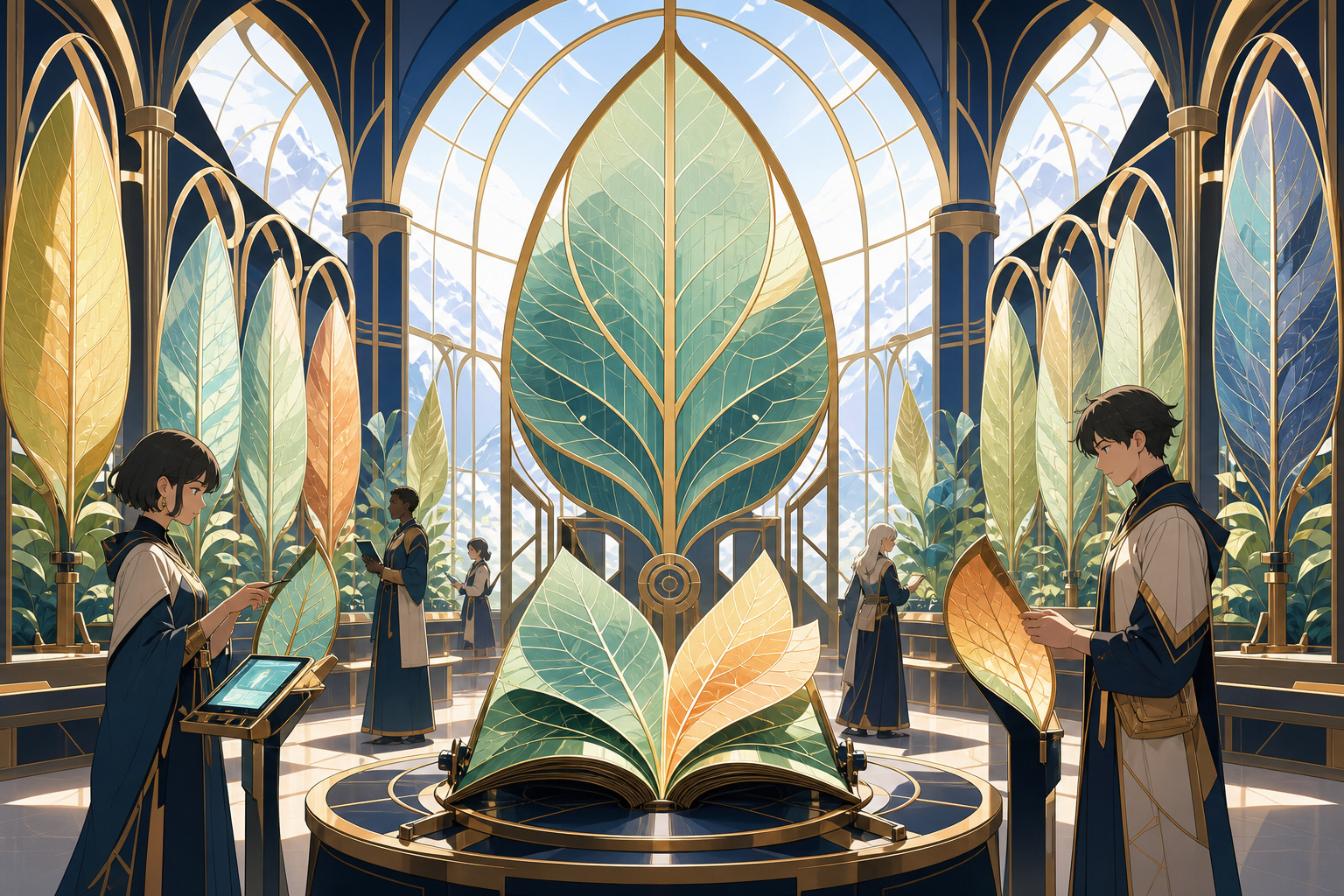 A library whose books are encoded in the changing colors of enormous leaves, at a peaceful moment of cooperation between technology and living systems. Architectural greenhouse vista structured by repeating organic forms