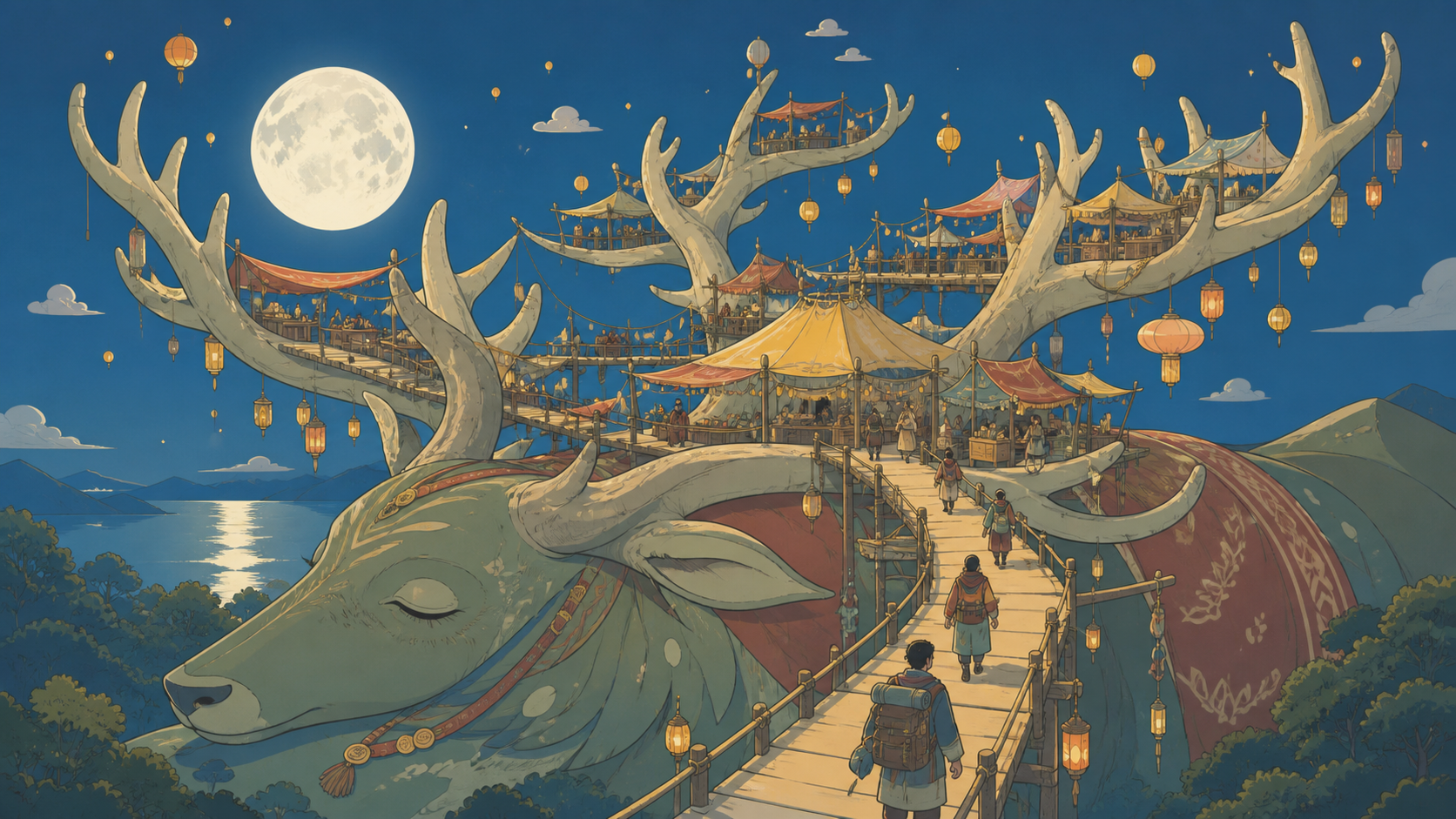 A moonlit market built across the antlers of a sleeping forest god, with tiny travelers revealing the monumental scale. Epic establishing shot with a clear visual path into the world. Clay red, sage, faded denim, and sun