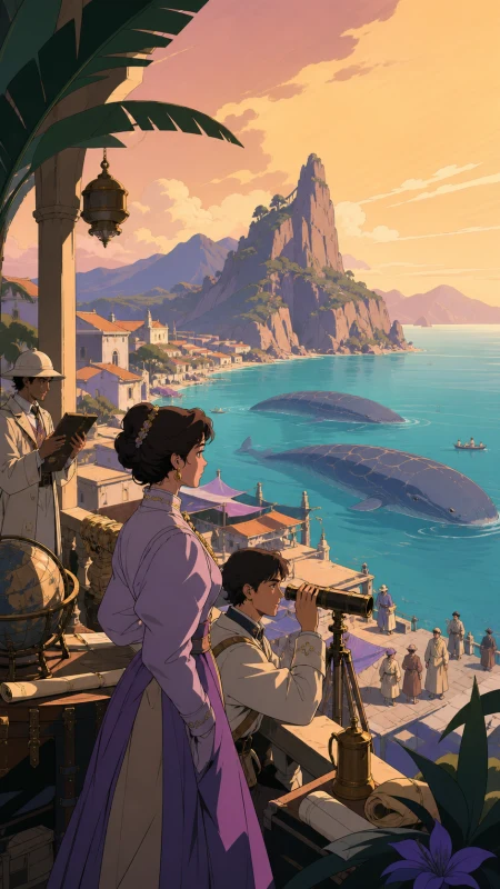 A coastal village preparing for the annual arrival of gentle sea giants, during careful exploration centered on observation rather than conquest. Elevated coastal composition balan