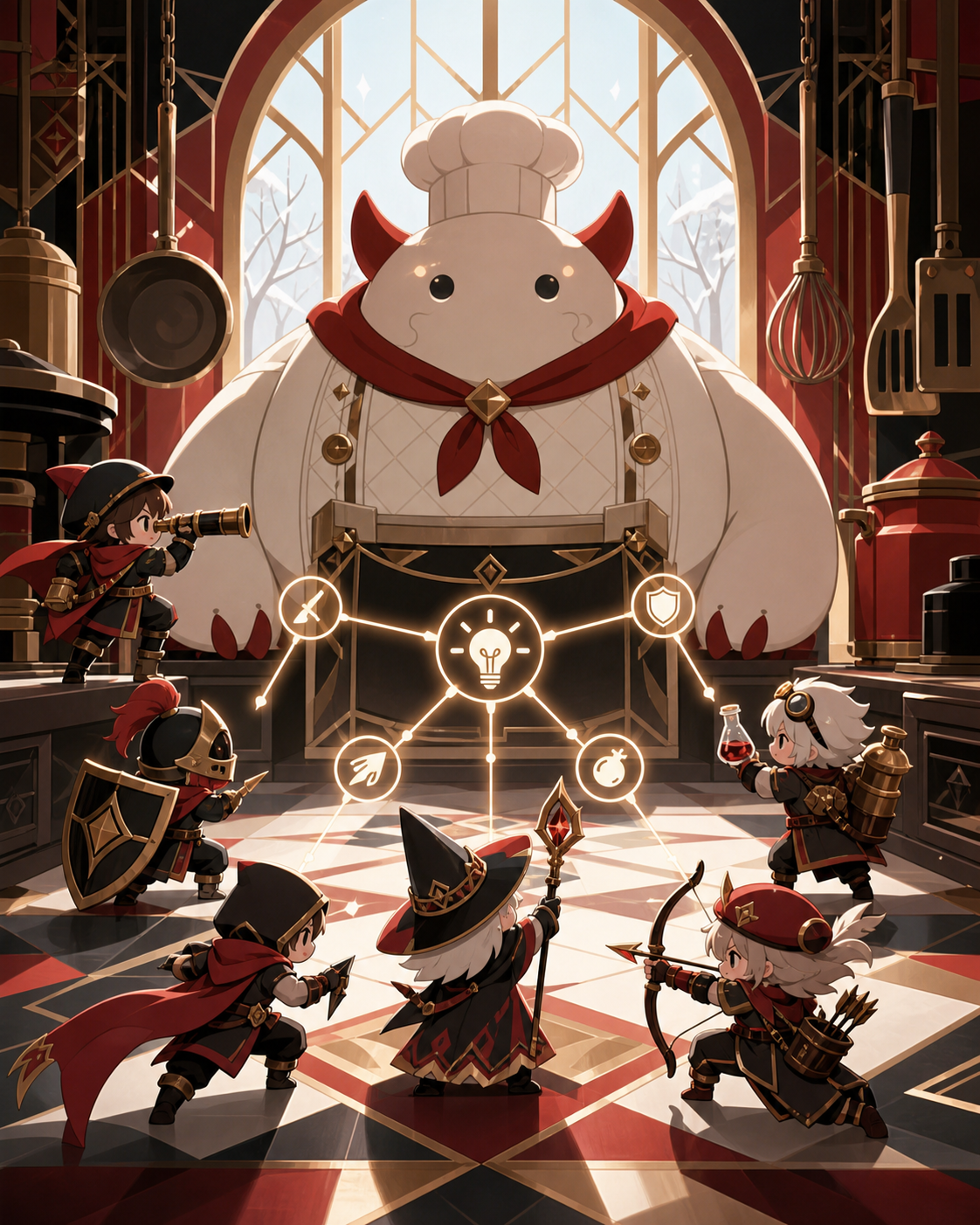 A tiny chibi rescue squad facing an enormous but harmless kitchen monster, at the moment separate actions connect into one clear plan. Wide ensemble action tableau with each role readable independently. Crimson, black ch